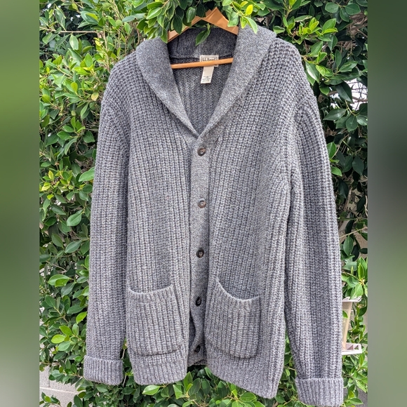 L.L.Bean Men's Classic Ragg Wool Shawl Collar Cardigan Sweater - Large Gray